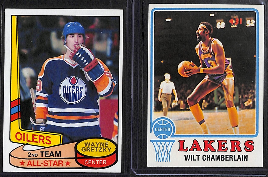 Vintage and Modern Super Star Sports Card Lot of (9) w. Gretzky, Chamberlain, L. James, Bryant, Mantle, and Others