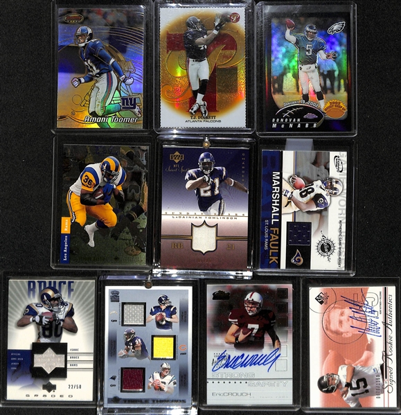 33- Card Football Lot w. 3 Autographs, 9 Relics, 6 Rookies & (15) Refractor or #ed Cards (P. Manning, Bart Starr, +)