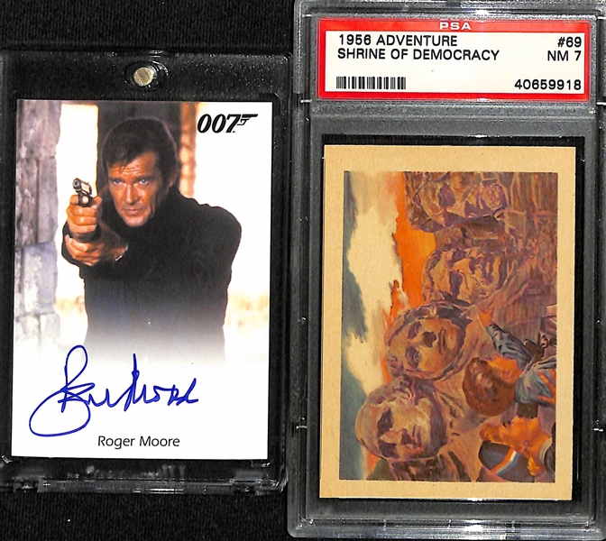 Non-Sports Lot w. 2012 Roger Moore Signed 007 Final Edition Card & 1956 Adventure Shrine of Democracy (PSA 7) 