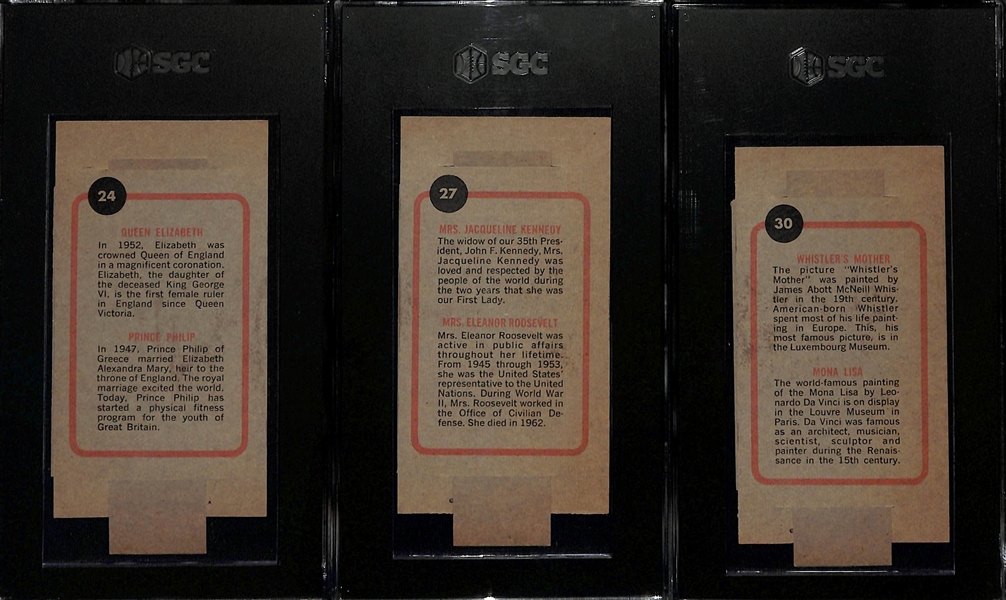 Lot of (3) 1965 Topps Push-Pull Graded Cards w. Queen Elizabeth (SGC 4), Jackie Kennedy (SGC 6), Mona Lisa (SGC 6)