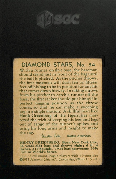 1934-36 Diamond Stars #54 Hank Greenberg (HOF) Graded SGC 4
