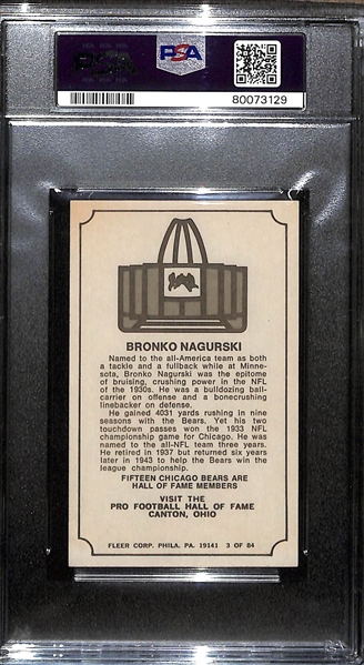 Bronko Nagurshi Signed 1975 Fleer Hall of Fame Card #3 (Bears HOFer) - PSA/DNA Graded (Card Grade 6, Auto Grade 5)