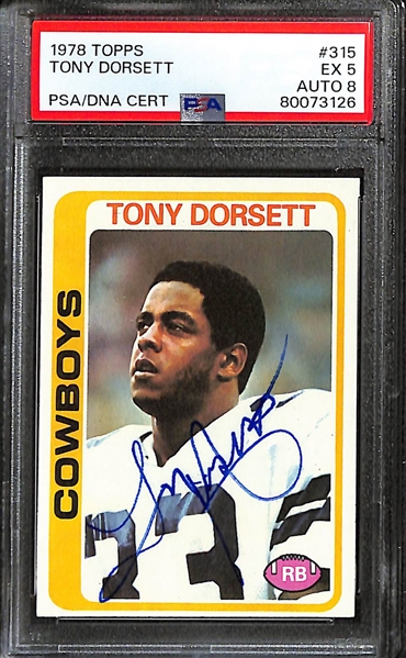 3 Signed Football Cards - 1978 Topps Tony Dorsett Rookie (PSA 5, Grade 8), 1978 Franco Harris (PSA 4, Grade 10), 1979 Franco Harris (PSA 5, Grade 10)