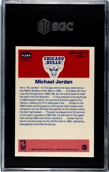 1986-87 Fleer Sticker Michael Jordan #8 Rookie Card Graded SGC 8