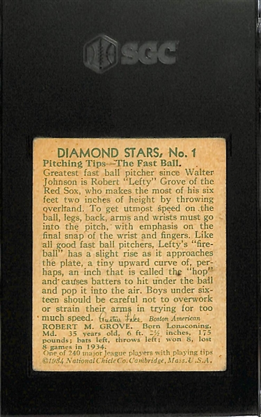 1934-36 Diamond Stars #1 Lefty Grove (HOF) Graded SGC 4