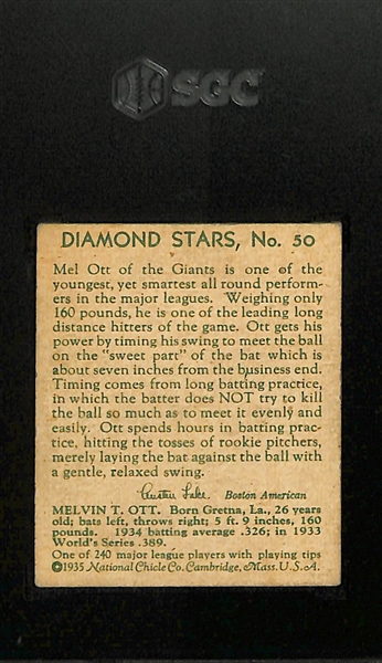 1934-36 Diamond Stars #50 Mel Ott (HOF) Graded SGC 5