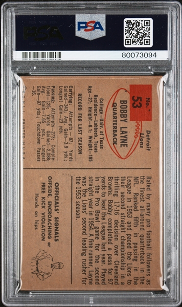 4 Signed 1954 Bowman Football Cards - Layne (PSA 5, Auto 8), Trippi (PSA 6, Auto 9), Dooley (PSA 7, Auto 7),  Hart (PSA 5, Auto 7)