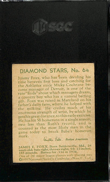 1934-36 Diamond Stars #64 Jimmie Foxx (HOF) Graded SGC 5