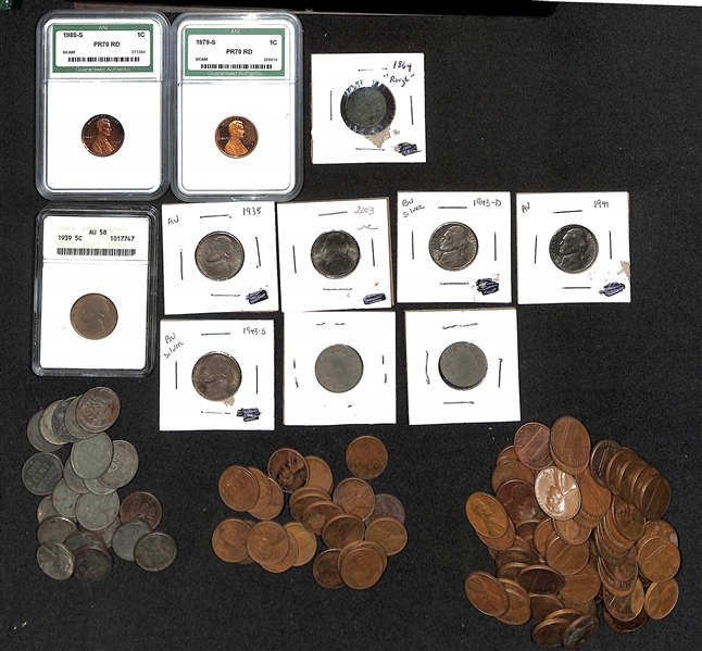 Lot of US Coinage - Pennies & Nickels from 1864-1980 w. (2) Graded Pennies 1979-S PR70 RD & 1980-S PR70 RD