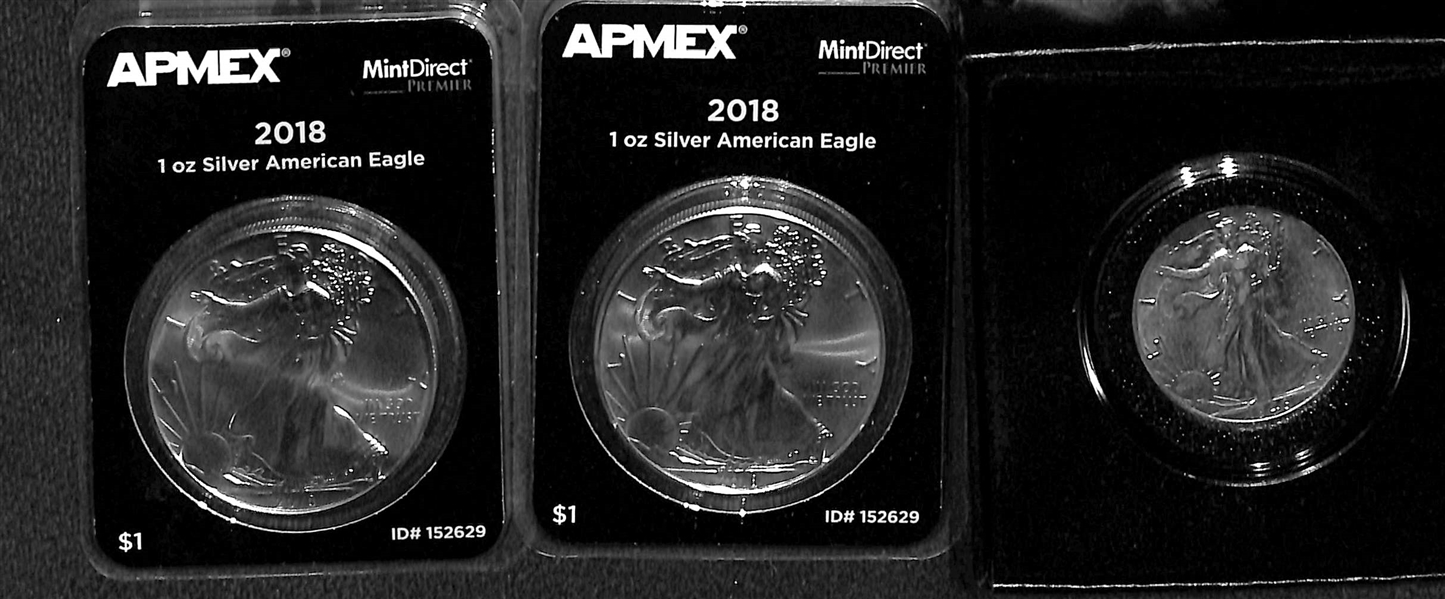  (2) 2018 Silver American Eagle Dollars, (5) Standing Liberty Half Dollars, (2) Franklin Halves, More