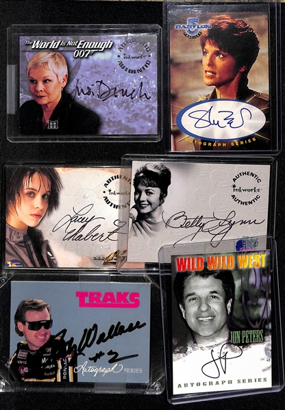 Lot of (6) Hollywood and Pop Culture Autograph Cards inc. 1999 Inkworks 007 Judi Dench, 1999 Babylon 5 Shari Belafonte, +