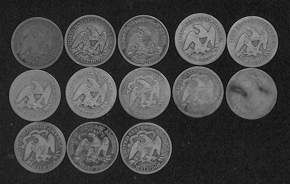 Lot of (13) US Seated Liberty Silver Half Dollars from 1844-1877