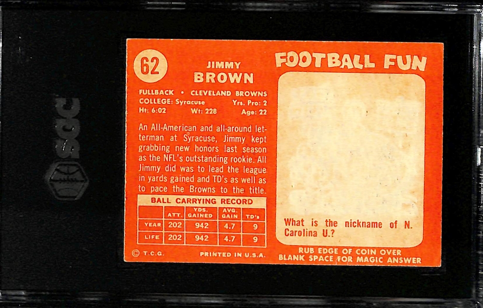 1958 Topps Jim Jimmy Brown Rookie Card #62 Graded SGC 4.5 - Clean w. Great Eye Appeal!