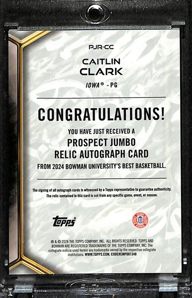 2023-2024 Bowman University's Best Caitlin Clark Rookie Jumbo Patch Autograph Prospect Card #ed 44/49 (2-Color Iowa Jersey Patch!)