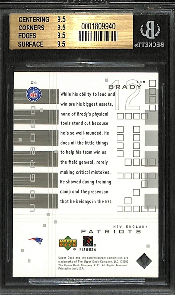 2000 UD Graded Tom Brady Rookie Card #104, Serial Numbered 0667/1325 Graded BGS 9.5 Gem Mint (All 9.5 Subgrades)