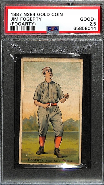 Rarely Seen 1887 N284 Gold Coin Chewing Tobacco Baseball Card Jim Fogerty (Stolen Base Leader Played for Philadelphia Quakers & Athletics) Graded PSA 2.5