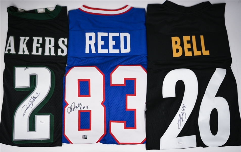 (3) Signed Football Jerseys - David Akers (Eagles - JSA), Andre Reed (HOF - Bills - Reed COA), Le'Veon Bell (Steelers - JSA)