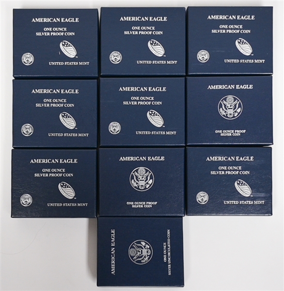  Lot of (10) American Eagle 1 Ounce (.999) Silver Proof Coins - (2) 2010, (4) 2012, (4) 2013