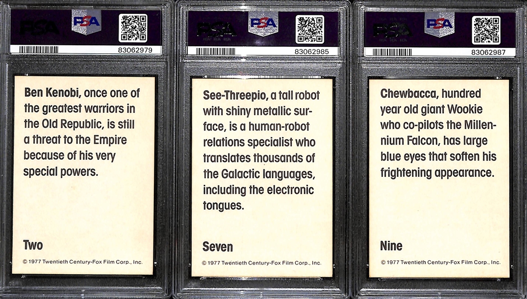 Lot of (3) PSA 8 1977 Star Wars Wonder Bread Cards- Ben Kenobi, C-3PO, Chewbacca  (These Are 3 of the 18 Card Set Being Sold in This Auction)