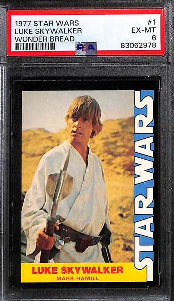 Lot of (3) PSA Graded 1977 Star Wars Wonder Bread Cards- Luke Skywalker (PSA 6), Han Solo (PSA 7),  Princess Leia Organa (PSA 7) - These Are 3 of the 18 Card Set Being Sold in This Auction.