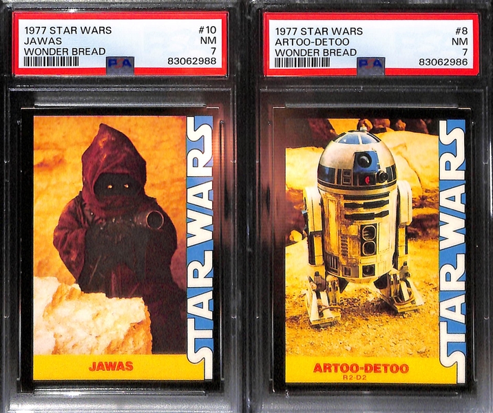 Lot of (8) PSA 7 1977 Star Wars Wonder Bread Cards-Grand Moff Tarkin, Tie-Vader's Ship  Star Destroyer, Millenium Falcon, Tusken Raiders, Jawas, R2-D2 - 8 of the 18 Card Set Being Sold in This Auction