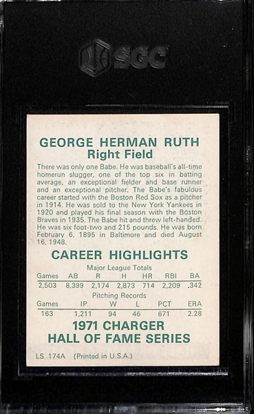 Rare 1971 Charger Hall of Fame Greats Babe Ruth Graded SGC 4 (Only 2 Ever Graded by SGC - Highest Grade Pop 1)