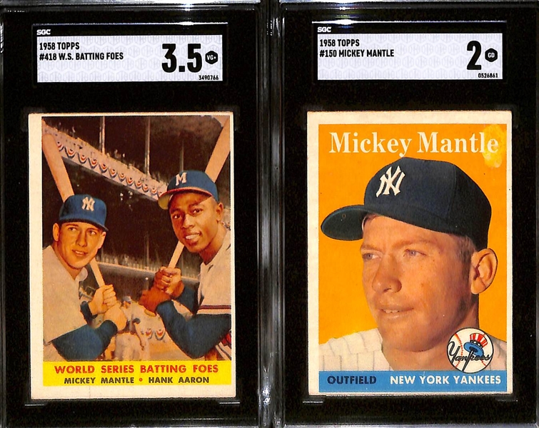 (4) Card Mickey Mantle Topps Graded Lot - 1957 Mantle/Berra #407 (SGC 3), 1958 #150 (SGC 2), 1958 Mantle/Aaron 418 (SGC 3.5), 1958 All-Star #487 (SGC 5)