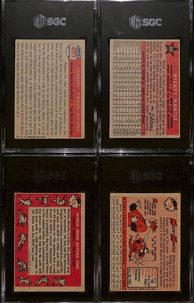 (4) Card Mickey Mantle Topps Graded Lot - 1957 Mantle/Berra #407 (SGC 3), 1958 #150 (SGC 2), 1958 Mantle/Aaron 418 (SGC 3.5), 1958 All-Star #487 (SGC 5)