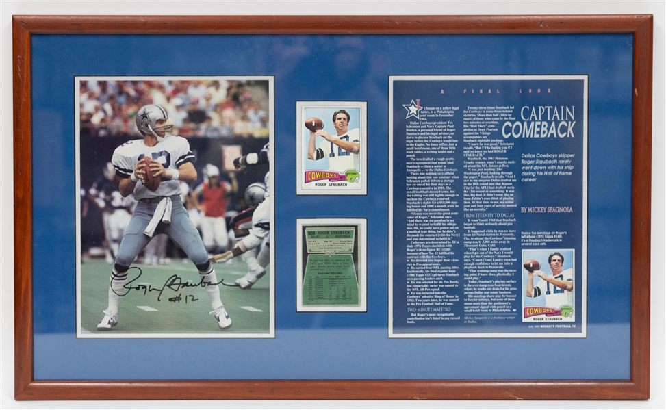 Matted & Framed Roger Staubach 8x10 Photo & 1975 Topps Card (16x27 Frame) - JSA Full Letter of Authenticity