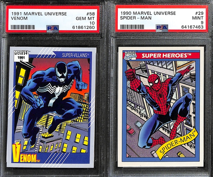 Lot of (6) PSA Graded 1990 + 1991 Marvel Universe Cards- 1991 Venom (PSA 10), 1990 Spider-Man (PSA 9), 1990 Ghost Rider (PSA 8), 1990 Thor (PSA 9), 1990 Black Panther (PSA 8), 1990 Hulk (PSA 6)