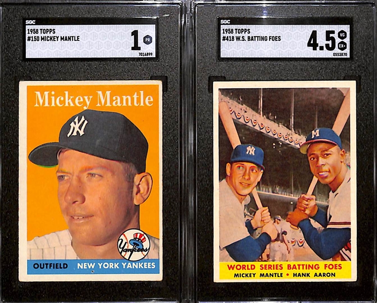 (6) Card Mickey Mantle Topps Lot - 1958 #150 (SGC 1), 1958 Mantle/Aaron 418 (SGC 4.5), 1958 All-Star #487 (SGC 4), (2) 1960 Topps #160 w. Boyer (SGC 2.5 & SGC 5), 1959 Topps #461 42nd HR (SGC 4)