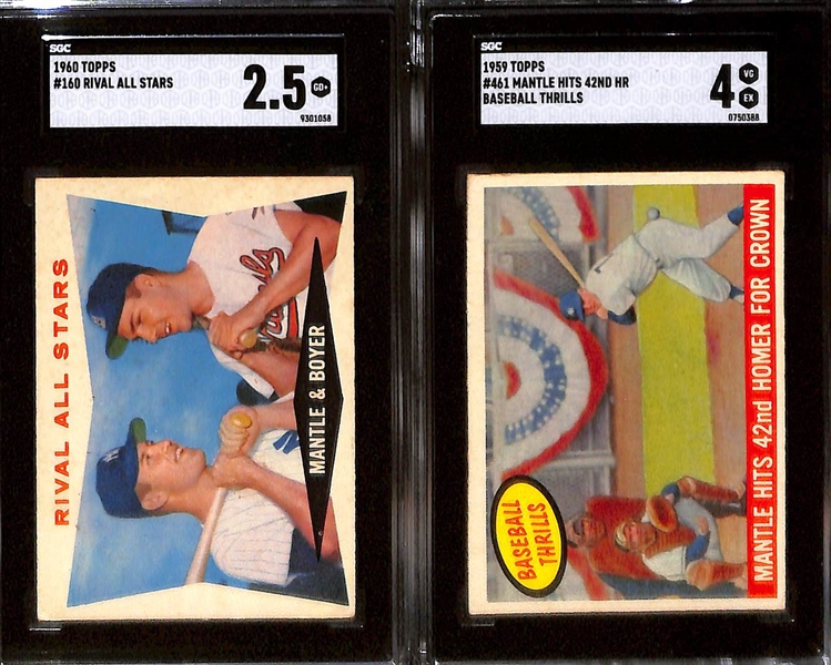 (6) Card Mickey Mantle Topps Lot - 1958 #150 (SGC 1), 1958 Mantle/Aaron 418 (SGC 4.5), 1958 All-Star #487 (SGC 4), (2) 1960 Topps #160 w. Boyer (SGC 2.5 & SGC 5), 1959 Topps #461 42nd HR (SGC 4)
