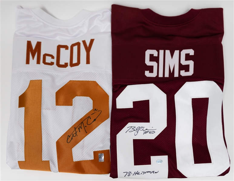 Billy Sims (Oklahoma) & Colt McCoy (Texas Stat Jersey) Signed Jerseys (JSA Auction Letter)