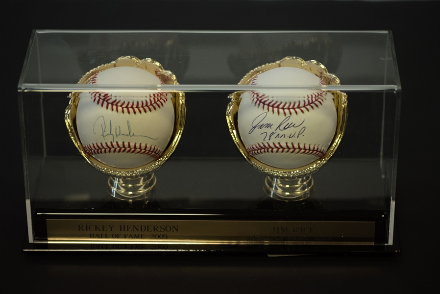 Rickey Henderson & Jim Rice Signed HOF Baseball Display - JSA
