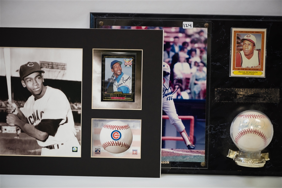 Frank Robinson Signed Baseball & Photo Plaque -and- Ernie Banks Signed Card Display