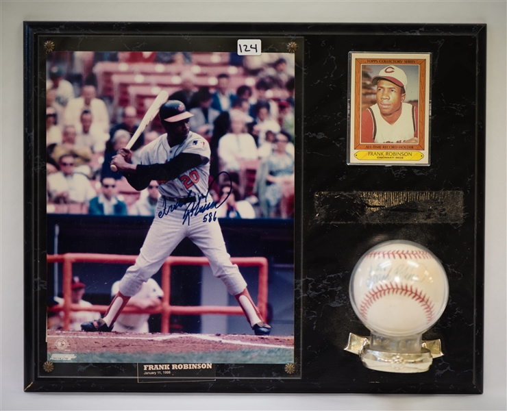 Frank Robinson Signed Baseball & Photo Plaque -and- Ernie Banks Signed Card Display