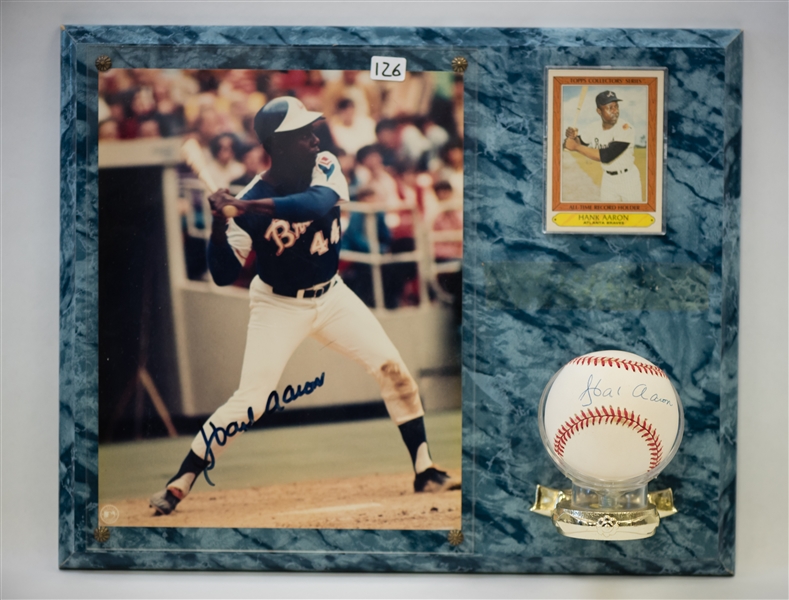 Hank Aaron Signed Photo & Baseball Display - JSA