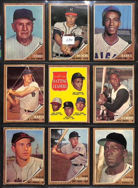 Lot Of 200 Different 1962 Topps Baseball Cards w. Banks
