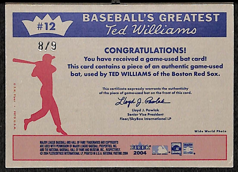 2004 Fleer Ted Williams Bat Relic Card 8/9
