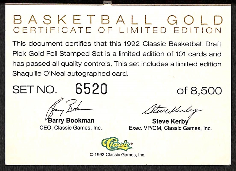 1992 Classic Draft Picks Shaquille O'Neal Auto Card & Set