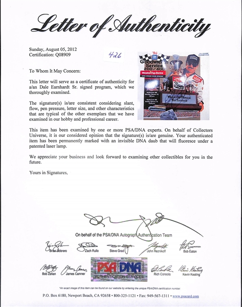 Dale Earnhart Sr Signed Brickyard Program - PSA COA