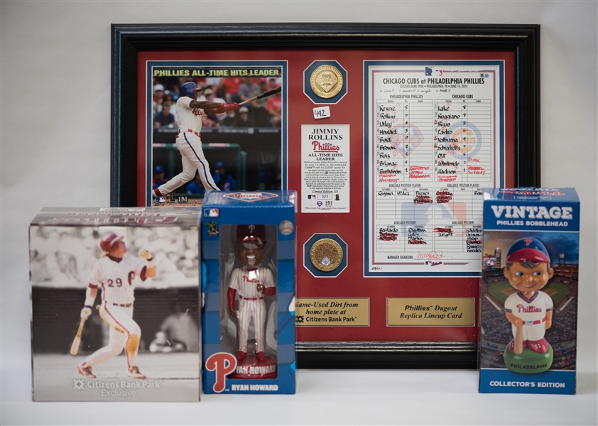 Jimmy Rollins Framed Display Commemorating the Day He Became the Phillies All Time Hits Leader & 3 Phillies Bobble Heads - MLB COA