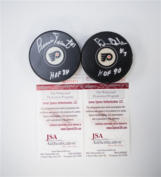 Bernie Parent & Bill Barber Signed & Inscribed Flyers Hockey Pucks - JSA