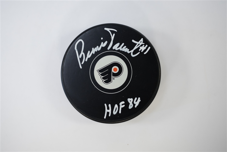 Bernie Parent & Bill Barber Signed & Inscribed Flyers Hockey Pucks - JSA