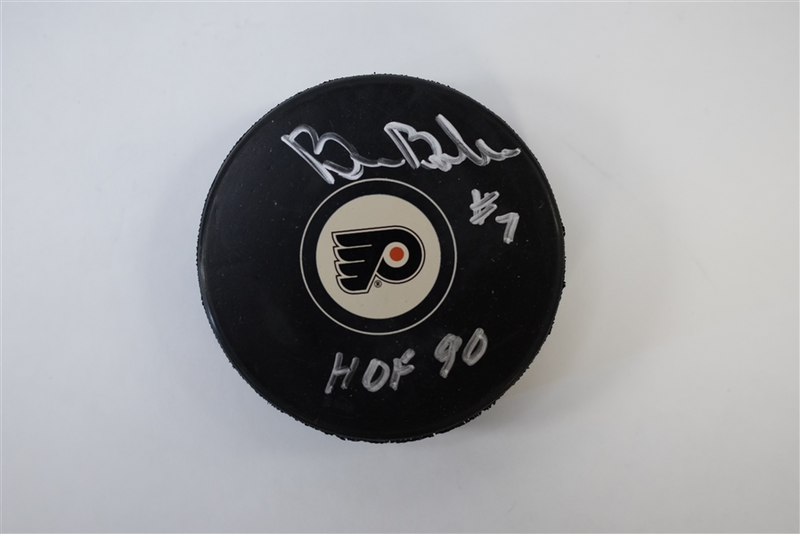 Bernie Parent & Bill Barber Signed & Inscribed Flyers Hockey Pucks - JSA
