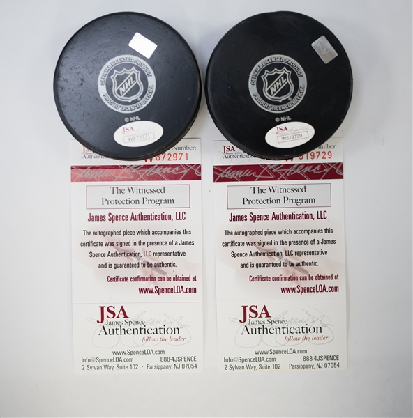 Bernie Parent & Bill Barber Signed & Inscribed Flyers Hockey Pucks - JSA