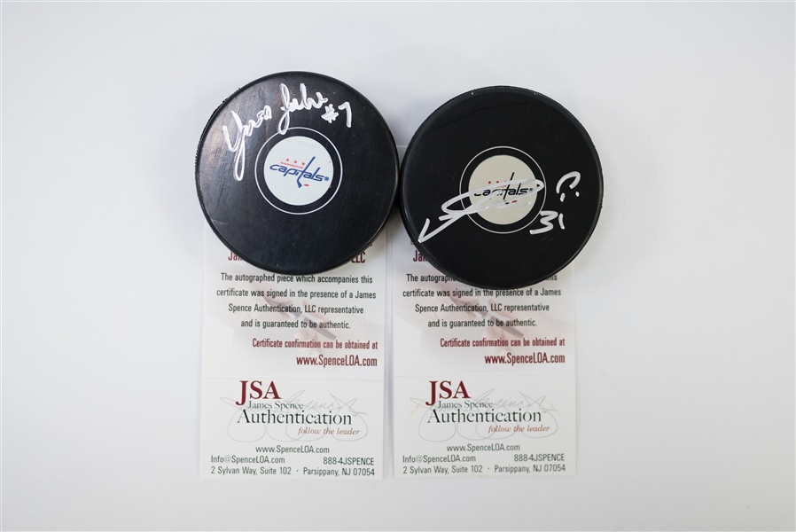 Yvon Labre & Philipp Grubauer Signed Hockey Pucks - JSA