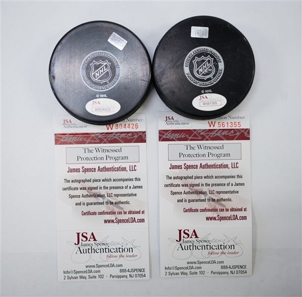 Yvon Labre & Philipp Grubauer Signed Hockey Pucks - JSA