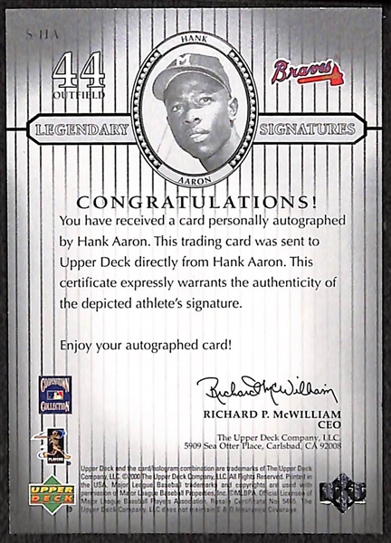 2000 Upper Deck Legendary Signatures Hank Aaron Certified On-Card Autograph Card