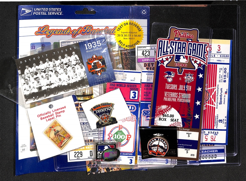 Lot Of Baseball Tickets/Pins/Stamps - Includes ticket stubs for Mark McGwire Record Breaking HR Season 1998, 1983 World Series, 1976 All Star Game, More!
